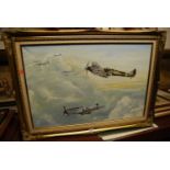 Terence Brind - Spitfire and other planes above the clouds, oil on canvas, signed lower right,