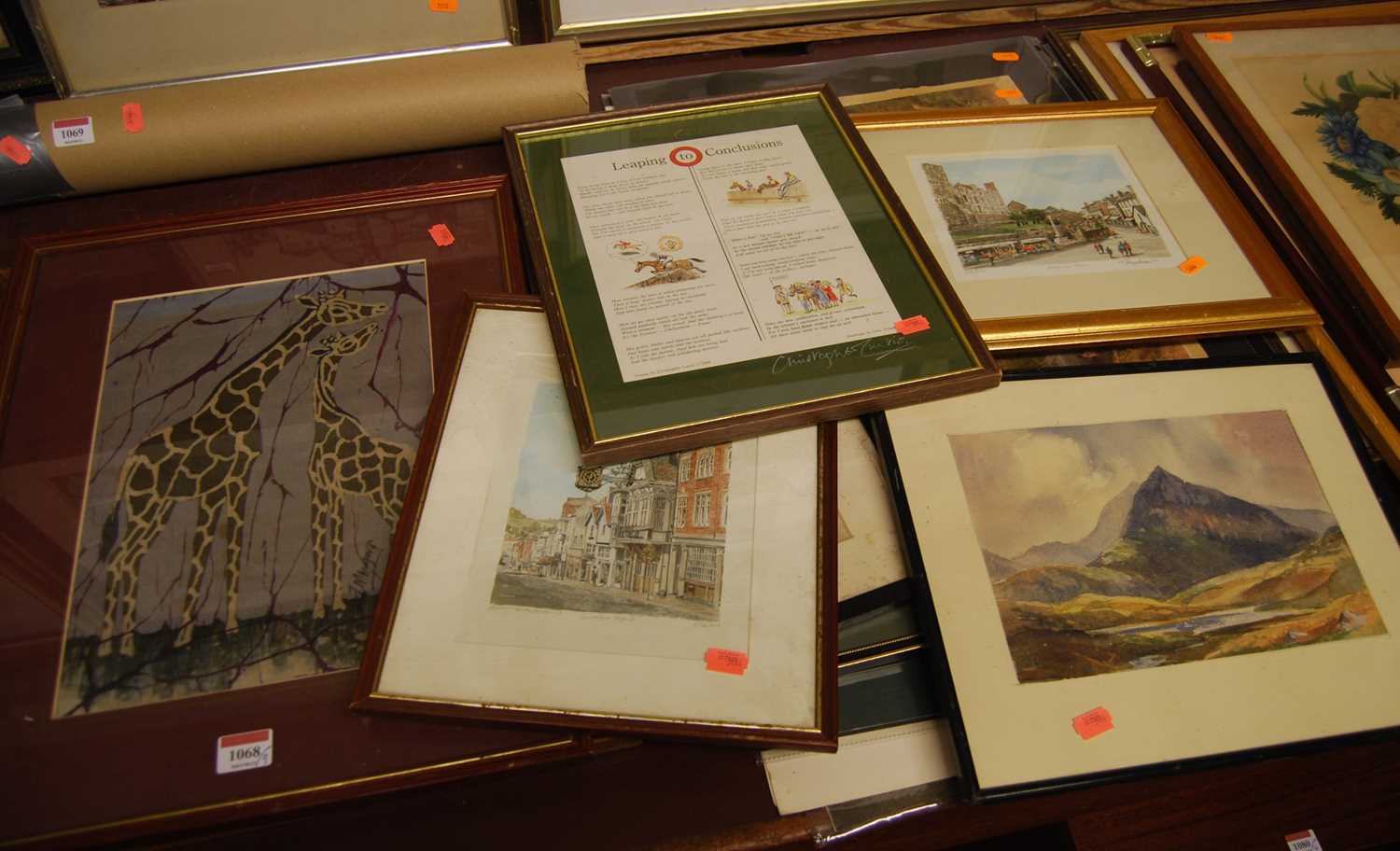 Assorted pictures and prints, to include mountain landscape watercolour, two Arfican paintings of