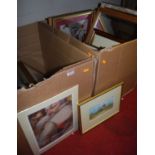 Two boxes of assorted reproduction pictures, prints, wall mirrors etc