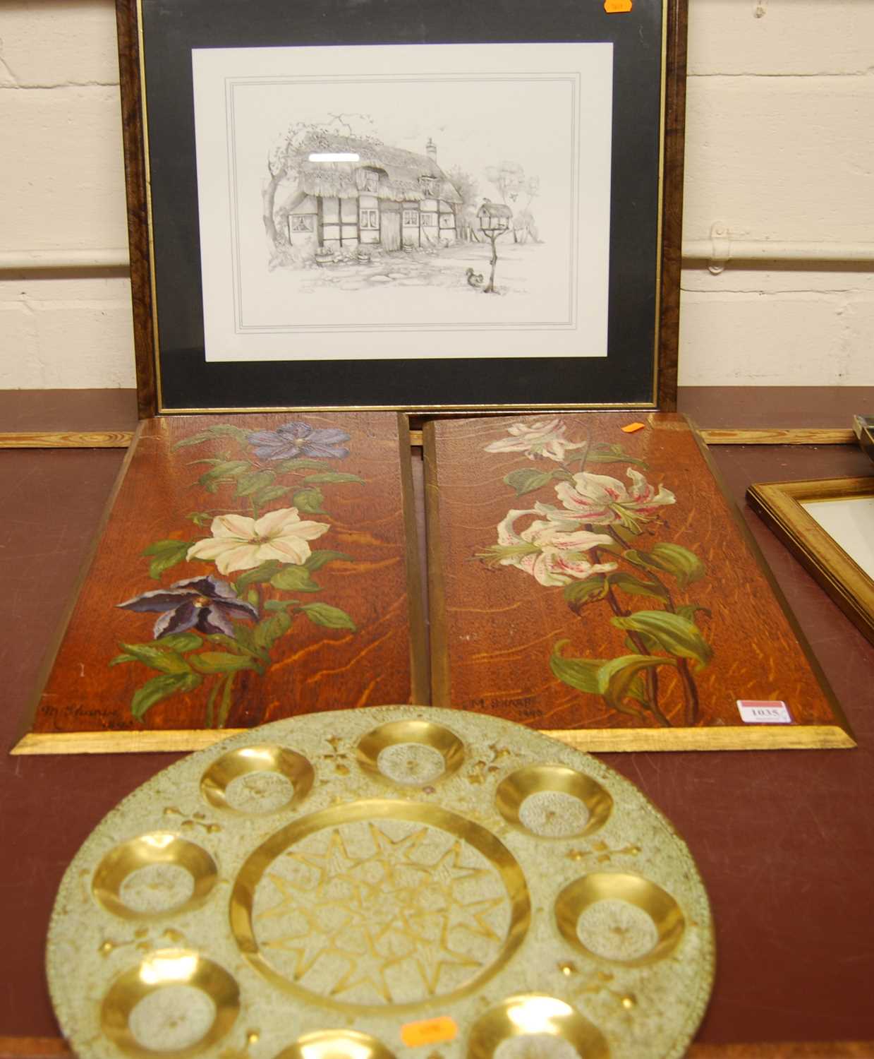 Eastern brass wall hanging, M Sharp - wild flowers, oil on oak panels, each signed and dated lower