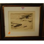 Robert Henry Smith (act.1906-1920) - biplanes above steamships, etching, signed to the margin,