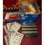 Two boxes containing a collection of Meccano Magazines and 00 gauge plastic and metal Lineside