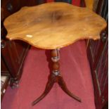 A Victorian mahogany and flame mahogany shaped top pedestal tripod occasional table, w.53.5cm