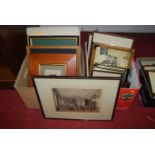 Two boxes of assorted prints, to include interior scenes, topographical engravings etc