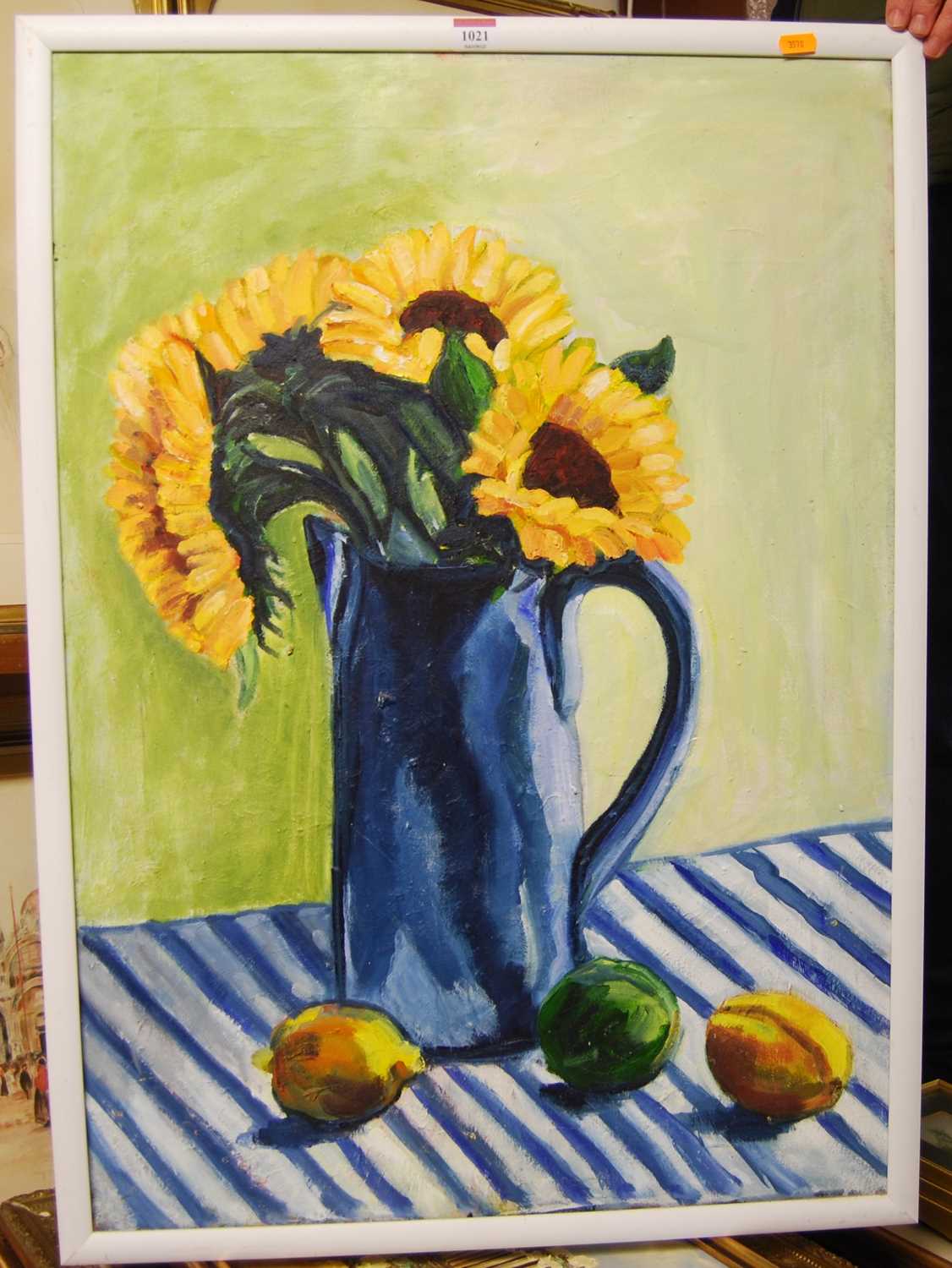 Jayne Pope - still life with sunflowers, oil on canvas, exhibition label verso, 78x54cm