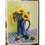 Jayne Pope - still life with sunflowers, oil on canvas, exhibition label verso, 78x54cm