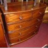 A mid-19th century mahogany bowfront chest, of two short over three long drawers, w.102cm