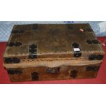 A studded leather and metal bound small trunk, w.53cm