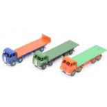 3 Dinky Toys Foden 8 Wheel Trucks 1st and 2nd type cabs to include, No. 502 flat truck in green with