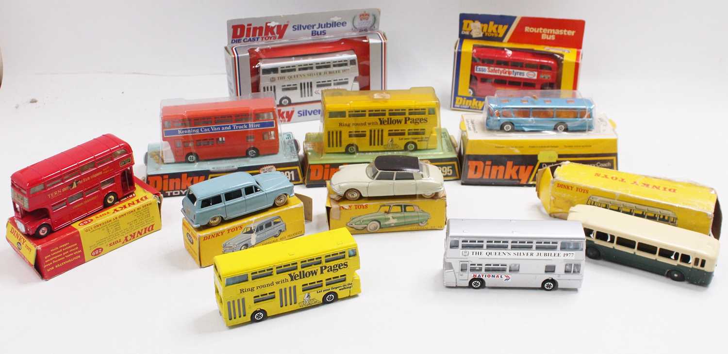 One tray containing various boxed and unboxed Dinky Toys buses and French Dinky models to include,