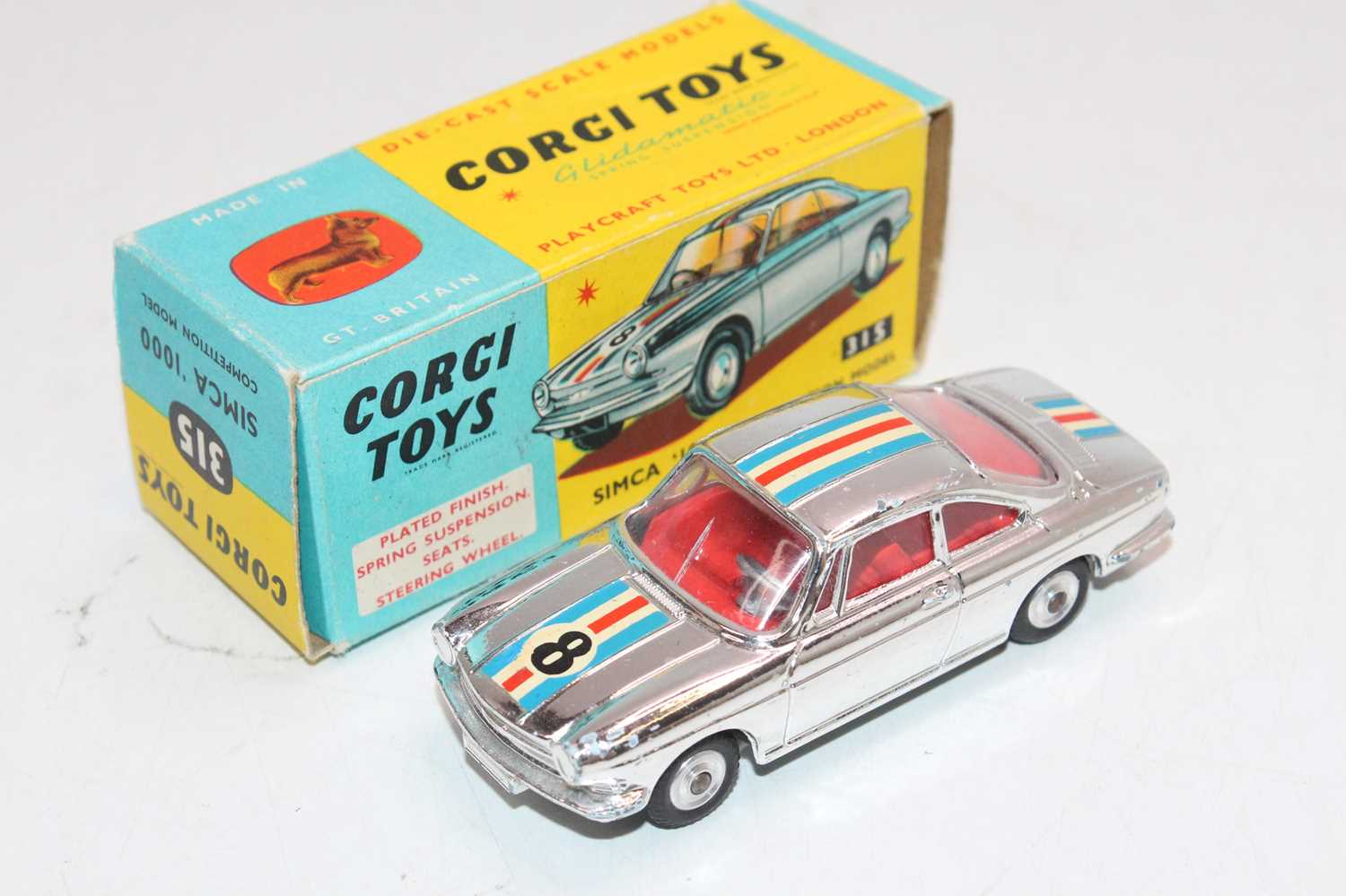 A Corgi Toys No. 315 Simca 1000 competition model, comprising of chrome body with racing stripe