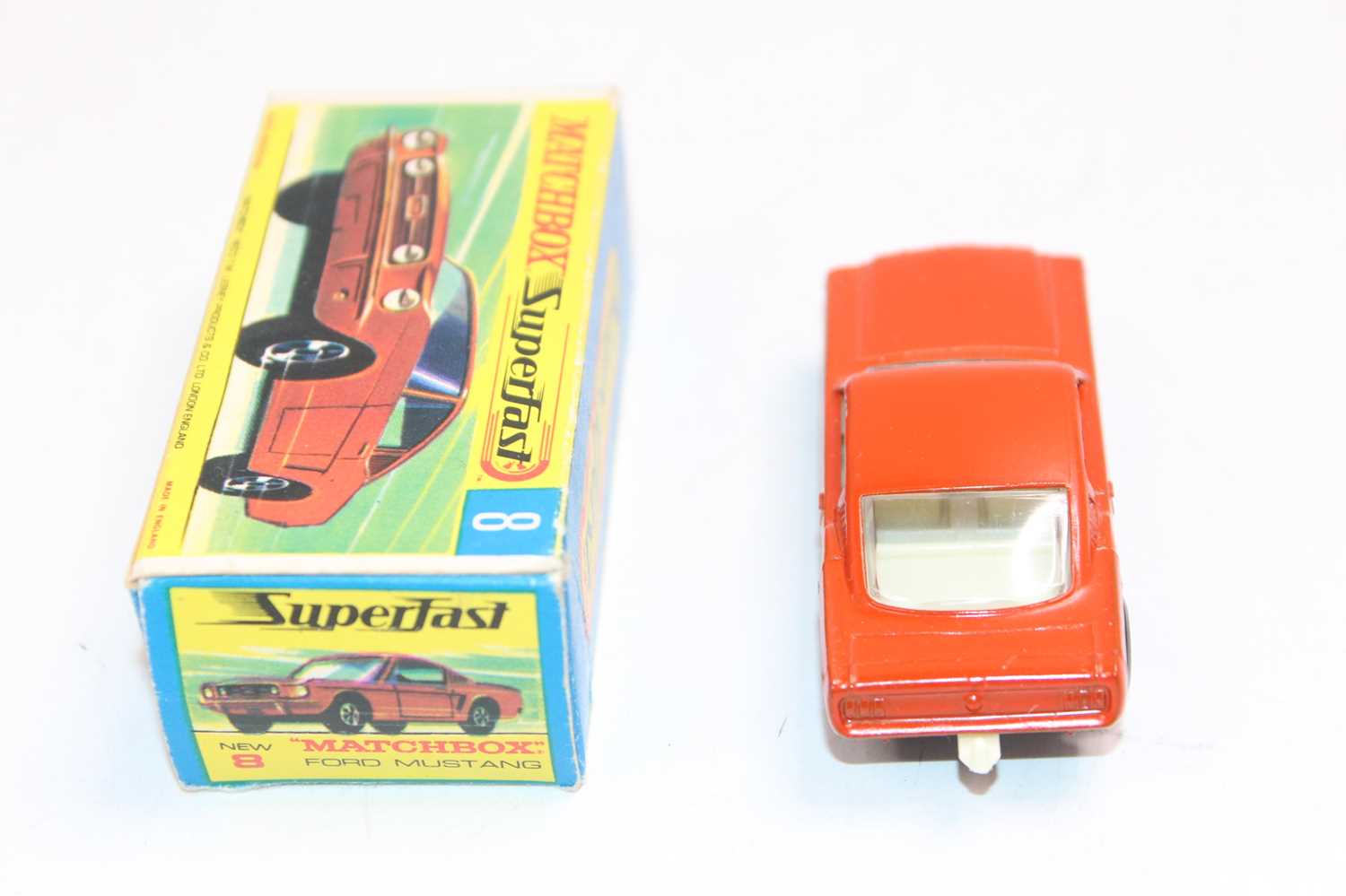 Matchbox Superfast No. 8 Ford Mustang in orange with ivory interior in its original box, there is - Image 3 of 3
