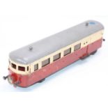 O gauge, possibly home-made, German style single car railbus, red & cream sides, heavily painted,