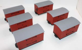 6 various 32mm scale balsawood kit-built box vans, comprising brown bodies with grey roofs, possibly