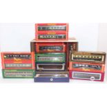 Large box of twenty-one bogie coaches including 4 x Bachmann Collet maroon; 4 x Replica Railways