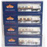 Four Bachmann Pullman Mk1 BR coaches, with lighting: Kitchen 2nd; 1st; Parlour 2nd; FK kitchen.