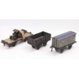 Three Gauge 1 goods wagons: Marklin flat wagon with non-original lorry ; Bing goods van; both (G-VG)