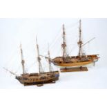 2 wooden static display models of 18th/19th century Sailing Frigates, to include a model of La Flore