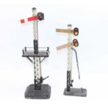 Two Bing signals for Gauge 2 or 3 both white lattice posts, black bases and lower parts of posts.