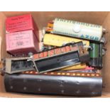 Box of mainly Hornby O gauge items: 3 x 4-wheel NE teak coaches; 8 tank wagons; NE goods brake;