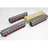 Three Bassett-Lowke Standard BR coaches by Precision Models (1950): two all/1st and one br/3rd.