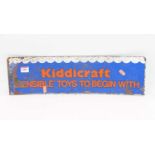 Original 1950s Kiddicraft Tin Sign, orange on blue and white example, to read "Sensible Toys to