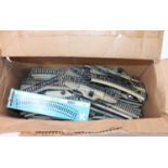Box containing a moderate size collection of Marklin HO gauge 2-rail track. Previously used but