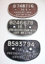Three BR wagon plates: 16ton Derbyshire Carriage & Wagon Works 1956; 16 ton Pressed Steel Company