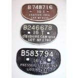 Three BR wagon plates: 16ton Derbyshire Carriage & Wagon Works 1956; 16 ton Pressed Steel Company