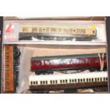 Tray containing four passenger coaches: kit-built LNER all/3rd 6-wheel teak (E); two unidentified