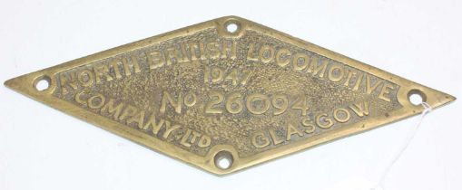 North British Locomotive Company, Glasgow maker’s plate 1947 no.26094, brass. Caveat emptor,