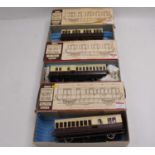 Three assembled and painted GWR 4-wheel coaches, finescale wheels, 3-link couplings; 2 x br/3rd