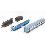 Three LIMA/Blue Flyer items: Lima 0-6-0 black loco & tender; Blue flyer diesel loco and blue/white