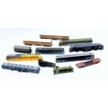 Shoebox containing a variety of 00 gauge coaches (mainly Farish teak), five wagons, two Marklin 4-