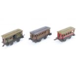 Three continental style Gauge 1, 4-wheel coaches, make not identified but possibly Kark Bub (G)