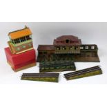 Three O gauge items: Hornby 1955-7 No.2 signal cabin, orange roof (NM-BG); 1927-33 electric