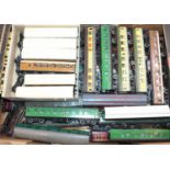 Large tray containing approx. 42 bogie coaches, various makes, styles and ages – includes some kit-