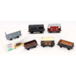 Six kit built 0 gauge wagons, finescale wheels; NE horsebox; NE goods brake van; NE 12 ton van; open