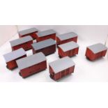 10 various 32mm scale balsawood kit-built box vans, comprising brown bodies with grey roofs,