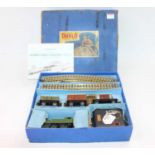 EDG7 3-rail Hornby Dublo tank goods set, LNER 9596 green 0-6-2 loco, play-worn (P) 3 wagons (G),
