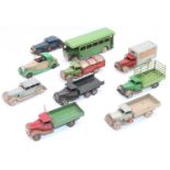 10 various loose Triang Minic Pre and Post War clockwork vehicles, to include 32M Dust Cart, 21M Pre