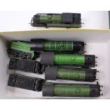 Four Hornby & one Airfix LNER green locos: Airfix N2 renumbered 9566; Hornby B12 8509; Hornby B17