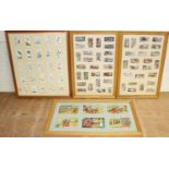 Three framed displays of Players' cigarette cards, together with a framed display of six humorous