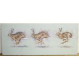 Ryan - Three leaping hares, acrylic on canvas, signed lower right, 50 x 120cm