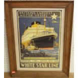 A reproduction advertising poster print for The White Star Line, 42 x 29cm, housed in an oak