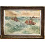 Early 20th century school - Boats in stormy seas, oil on board, 50 x 75cm