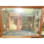 H H Rogers - Interior bedroom scene, possibly Hatfield House, watercolour, signed lower left, 44 x