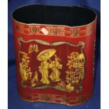 A reproduction red toleware type wastepaper basket, decorated with Chinese figures within a