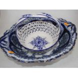 A Victorian blue & white transfer decorated bowl with gilt heightened decoration, width 46cm;