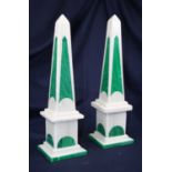 A pair of polished malachite and marble table obelisks, h.41cm